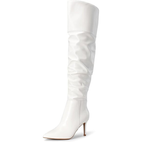 Women's Over The Knee High Heel White-Pu Boots Thigh High Pointed Toe Stiletto - Picture 1 of 7
